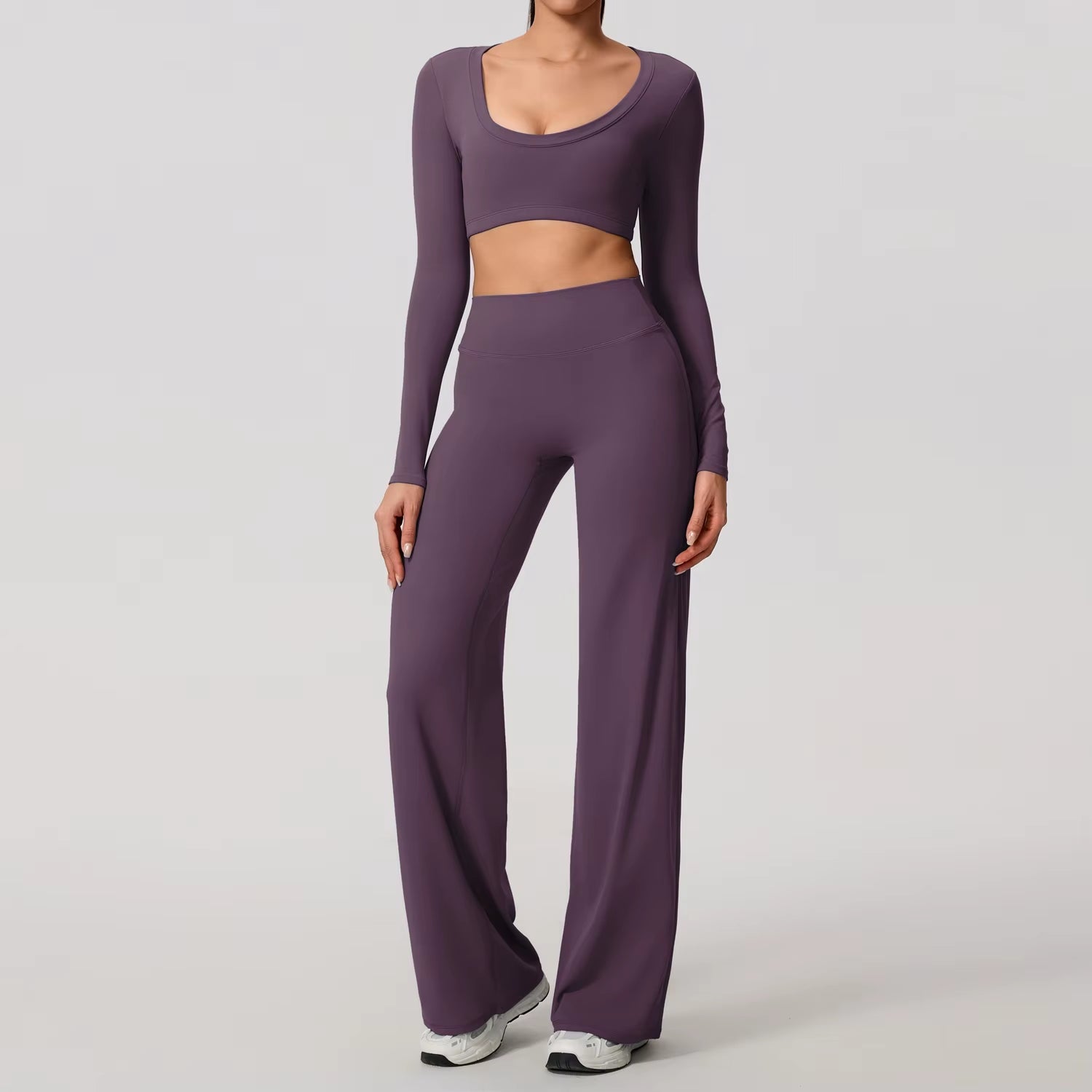 Sports Set 2Pcs Women'S Long Sleeve Backless Fitted Fitness Top Push up Pilates Yoga Top Wide Leg Straight Leg Pants