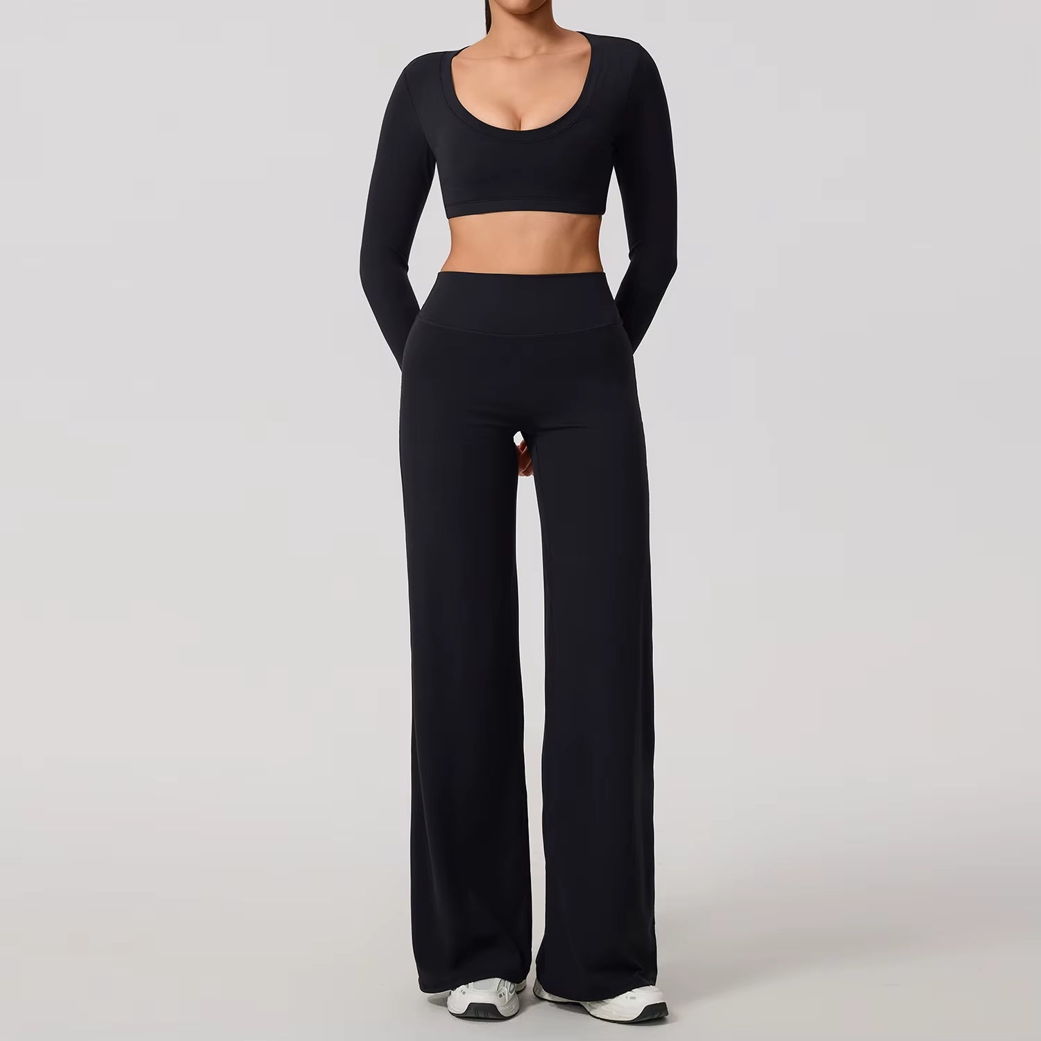 Sports Set 2Pcs Women'S Long Sleeve Backless Fitted Fitness Top Push up Pilates Yoga Top Wide Leg Straight Leg Pants