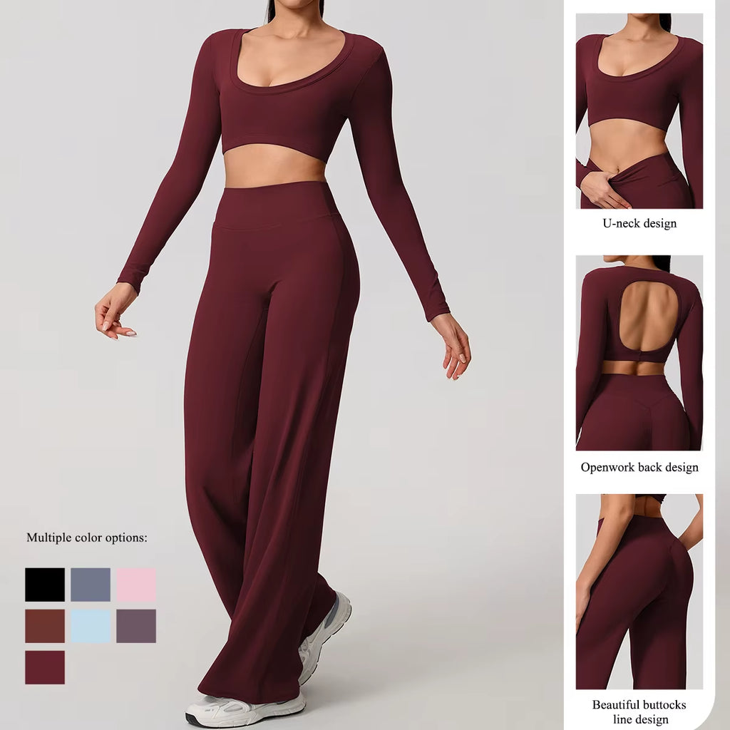 Sports Set 2Pcs Women'S Long Sleeve Backless Fitted Fitness Top Push up Pilates Yoga Top Wide Leg Straight Leg Pants