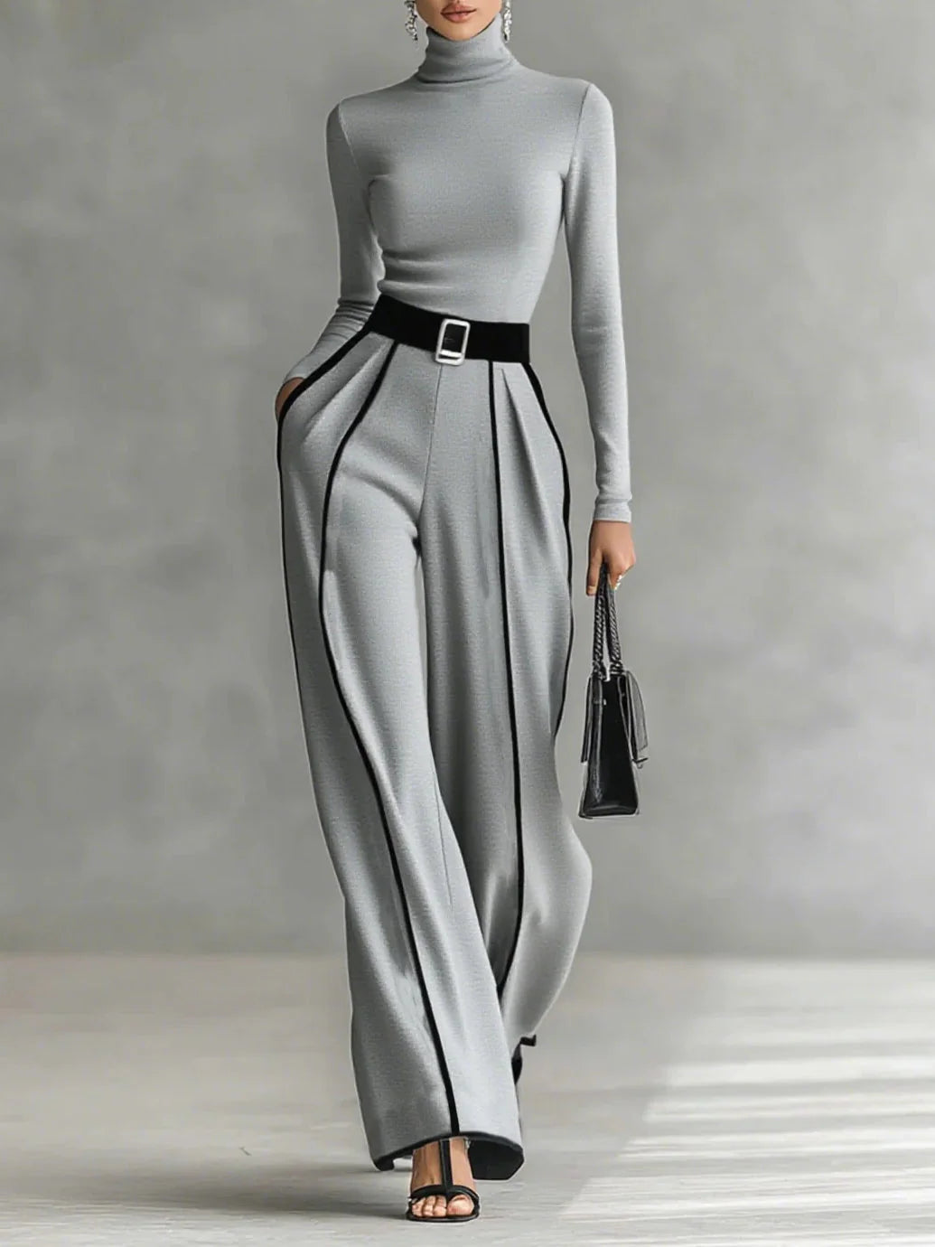 Tanya | High-Neck Long-Sleeved Top with Wide-Leg Pants and Belt Set