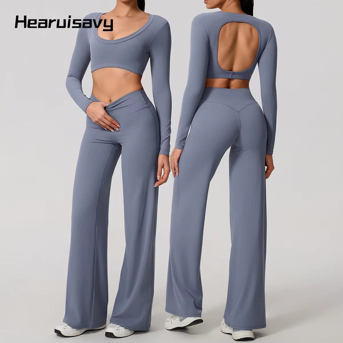 Sports Set 2Pcs Women'S Long Sleeve Backless Fitted Fitness Top Push up Pilates Yoga Top Wide Leg Straight Leg Pants