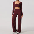 Sports Set 2Pcs Women'S Long Sleeve Backless Fitted Fitness Top Push up Pilates Yoga Top Wide Leg Straight Leg Pants
