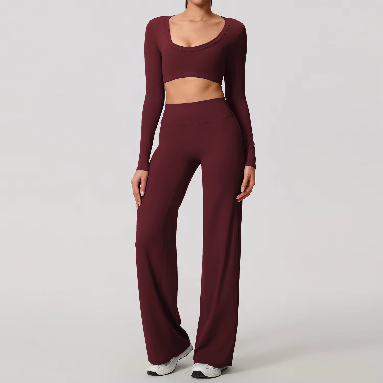 Sports Set 2Pcs Women'S Long Sleeve Backless Fitted Fitness Top Push up Pilates Yoga Top Wide Leg Straight Leg Pants