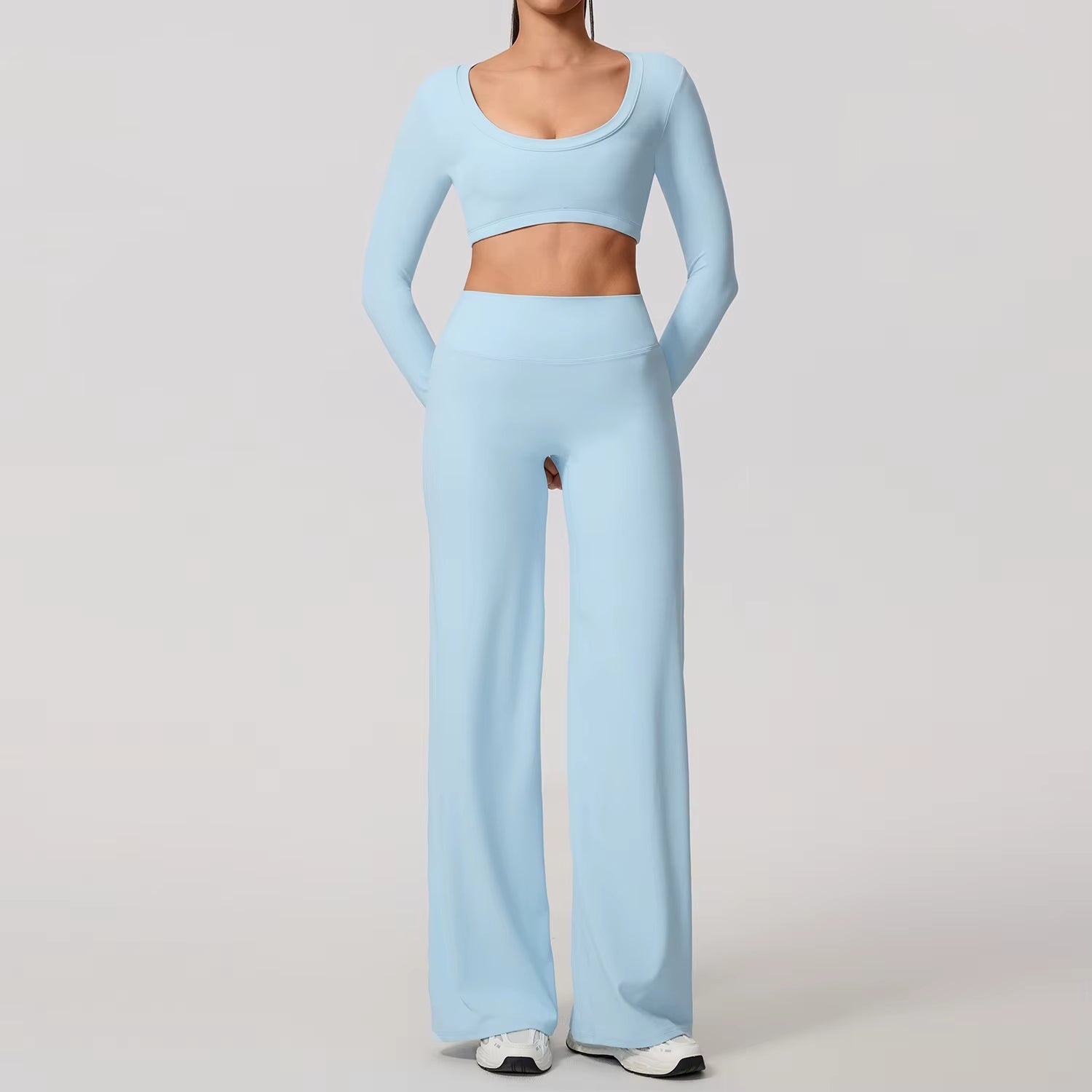 Sports Set 2Pcs Women'S Long Sleeve Backless Fitted Fitness Top Push up Pilates Yoga Top Wide Leg Straight Leg Pants
