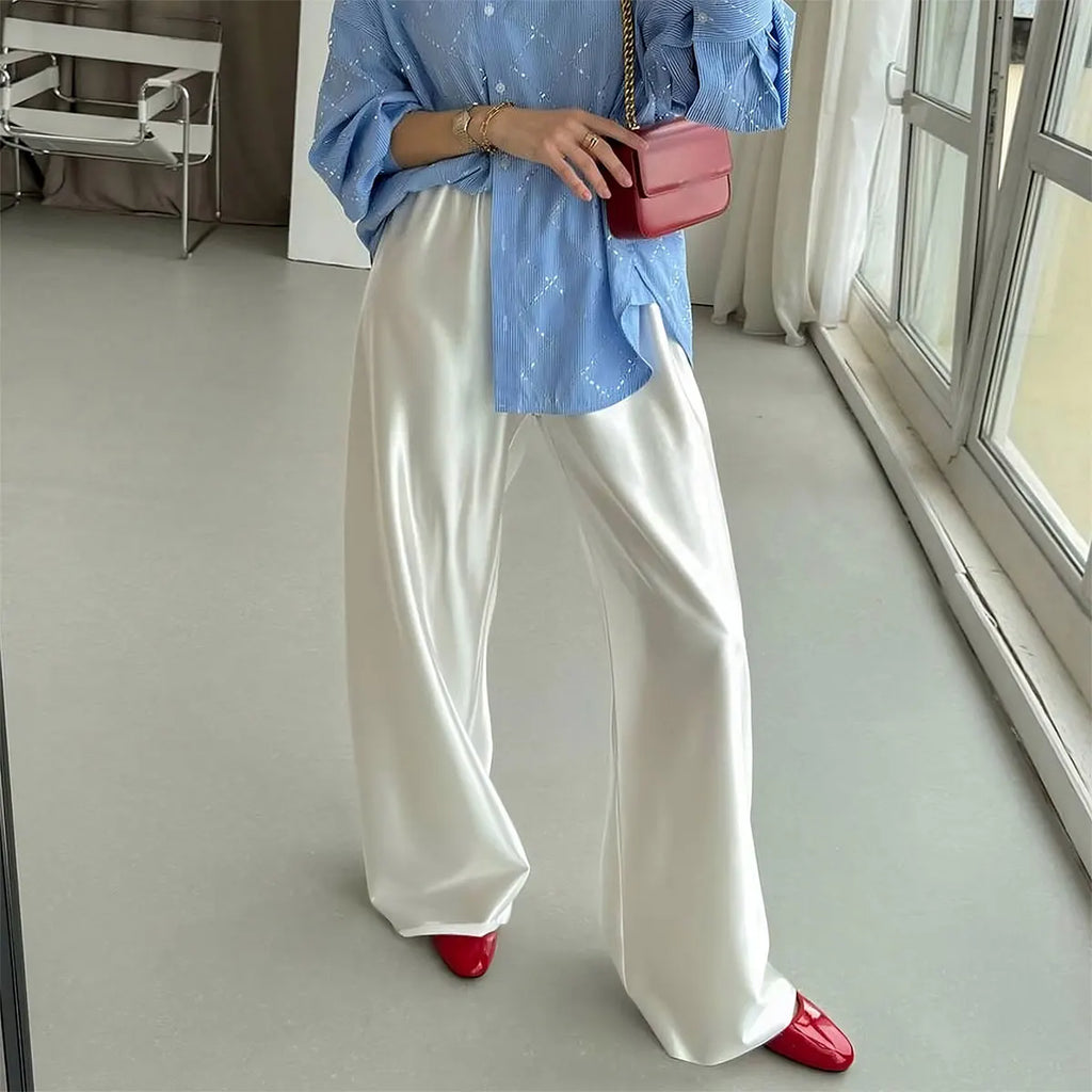 Satin Wide Leg Pants Long Floor Casual Pants Women'S Summer