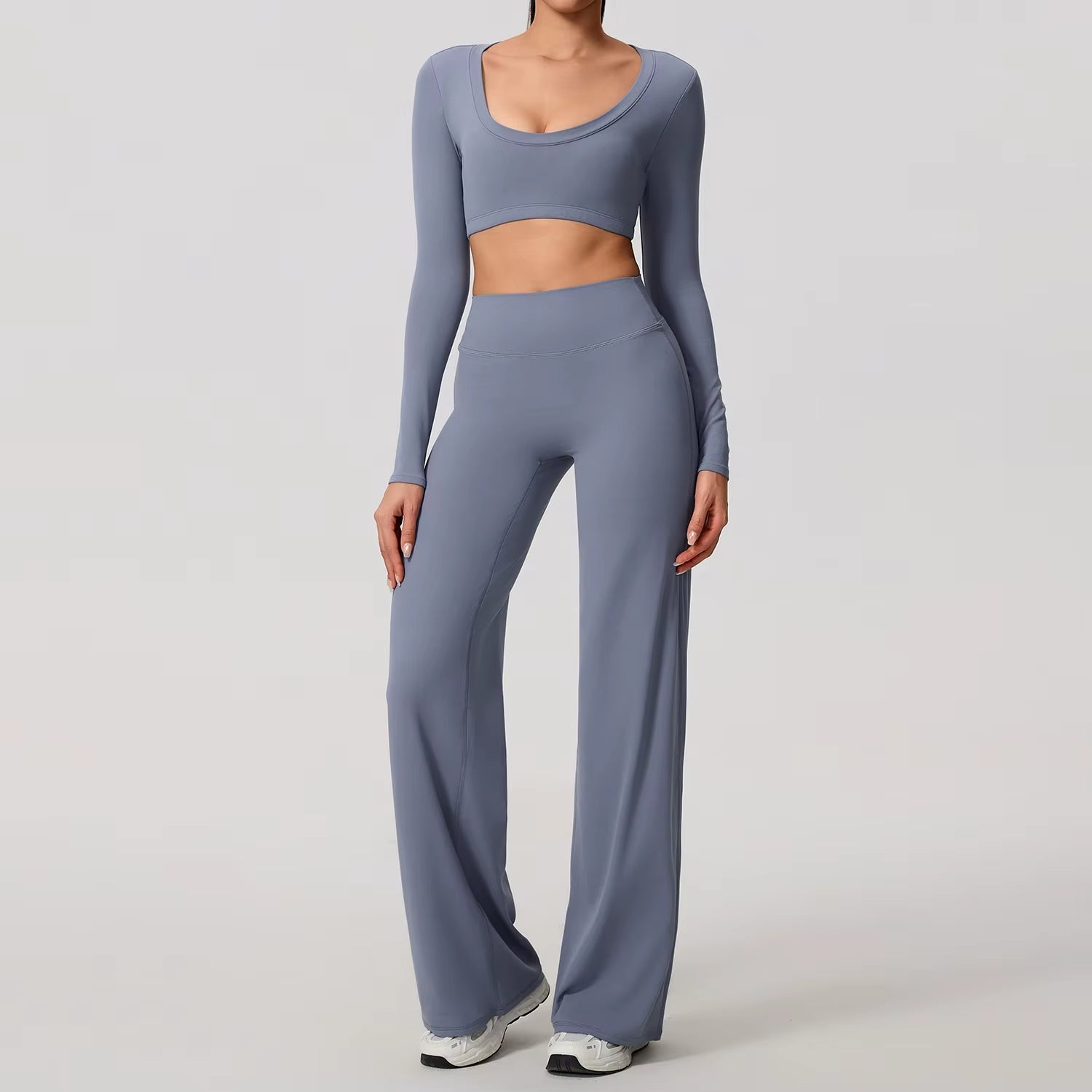 Sports Set 2Pcs Women'S Long Sleeve Backless Fitted Fitness Top Push up Pilates Yoga Top Wide Leg Straight Leg Pants