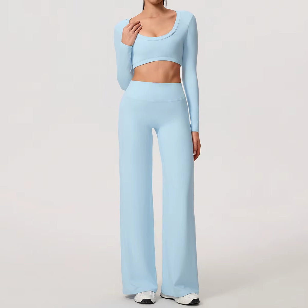 Sports Set 2Pcs Women'S Long Sleeve Backless Fitted Fitness Top Push up Pilates Yoga Top Wide Leg Straight Leg Pants