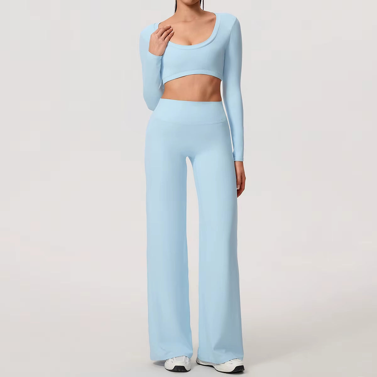 Sports Set 2Pcs Women'S Long Sleeve Backless Fitted Fitness Top Push up Pilates Yoga Top Wide Leg Straight Leg Pants