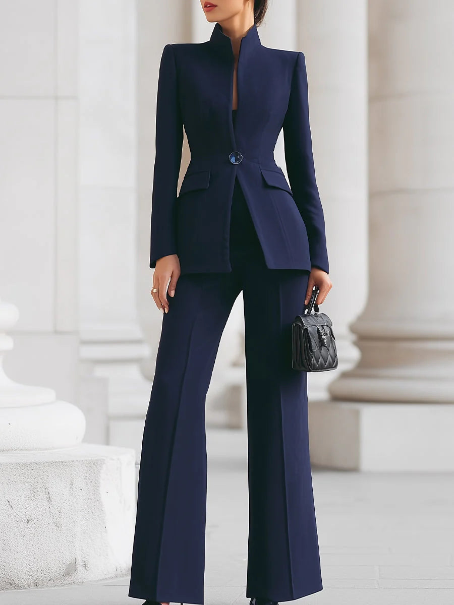 Women'S Stand Collar Blazer & Wide Leg Pants Suit Set