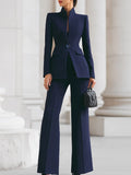 Women'S Stand Collar Blazer & Wide Leg Pants Suit Set