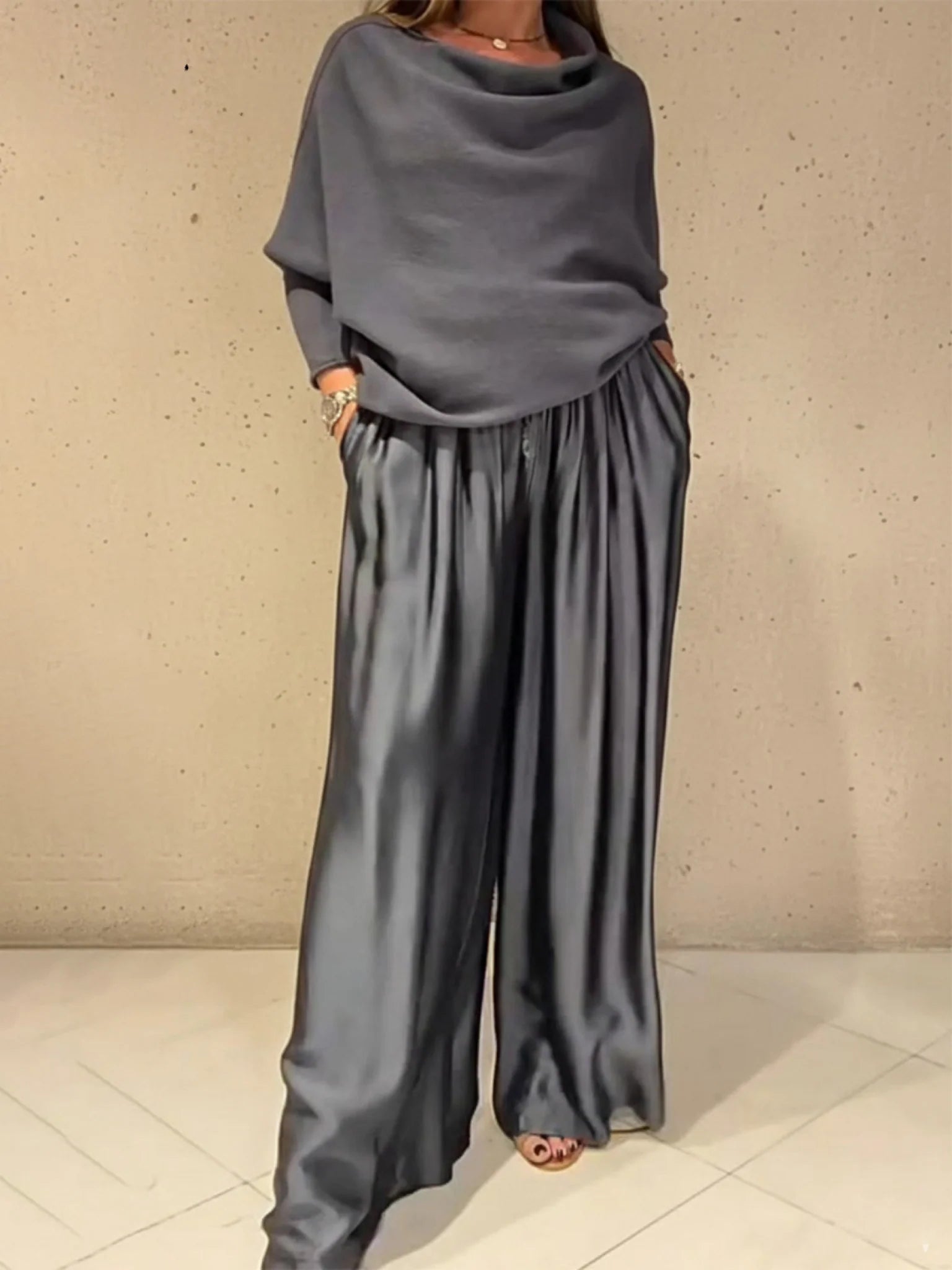 Women'S Silk Satin Lounge Set Two Piece Wide Leg Trousers off Shoulder Top