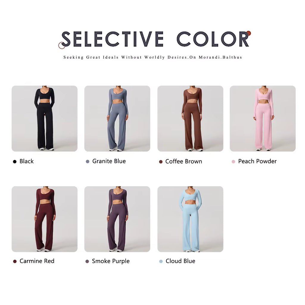 Sports Set 2Pcs Women'S Long Sleeve Backless Fitted Fitness Top Push up Pilates Yoga Top Wide Leg Straight Leg Pants