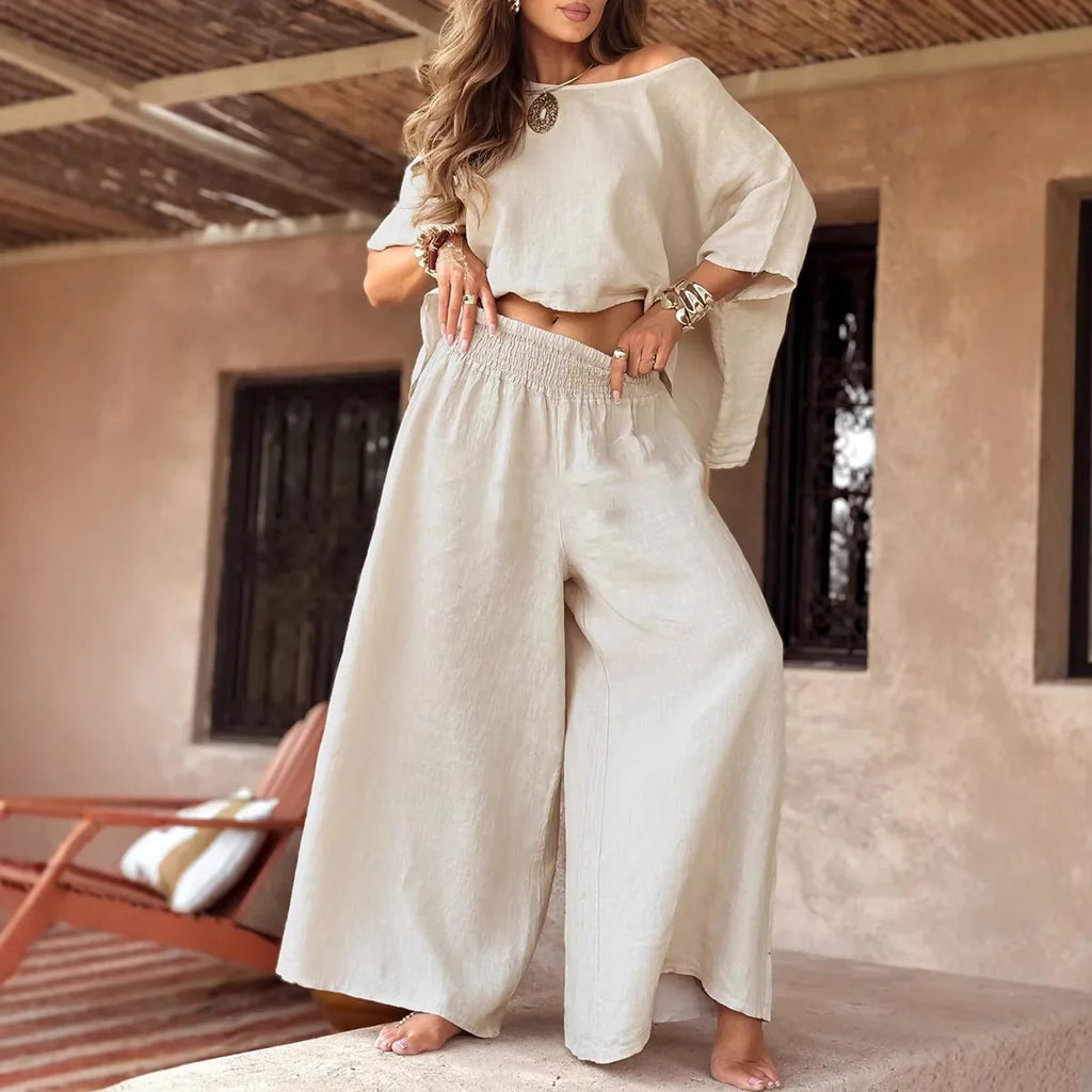 2025 Spring Cotton Linen Women Suit Black Oversize Loose Top Wide-Leg Pants Set Female Summer Trendy Casual Elegant Suits Ladies