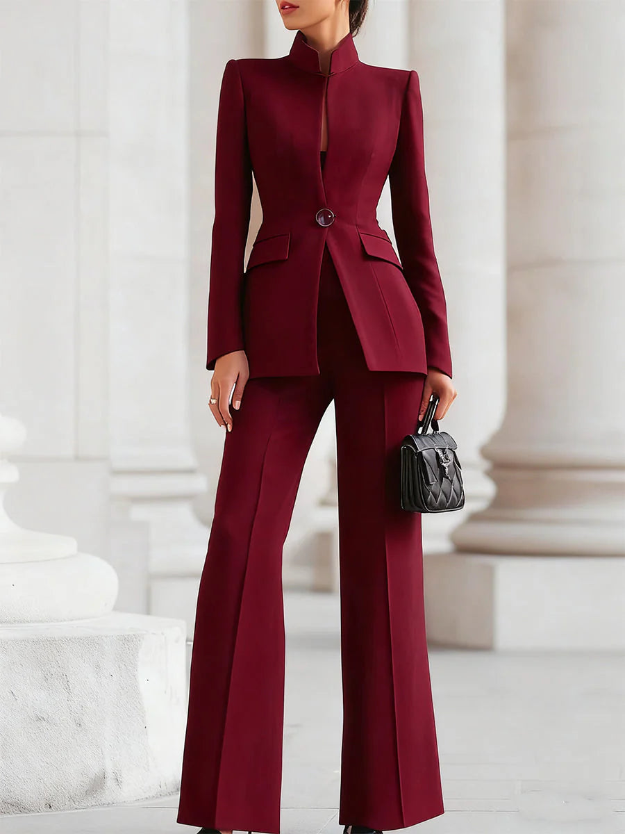 Women'S Stand Collar Blazer & Wide Leg Pants Suit Set